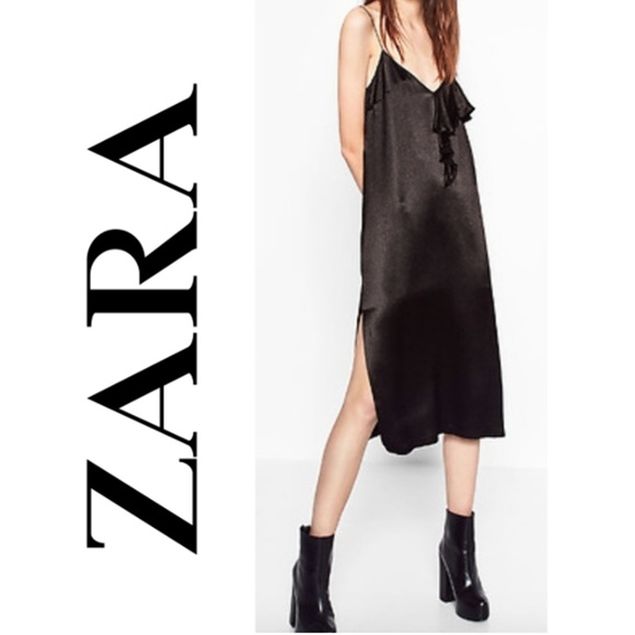 Zara Dresses & Skirts - Zara Black Satin Strappy Mid Calf Dress
